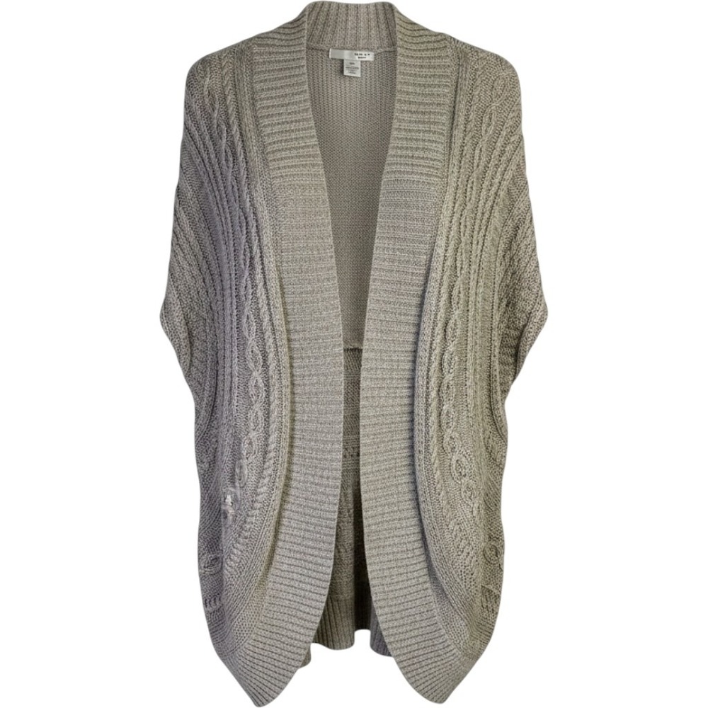 WD·NY Open Front Cardigan Women 3X Taupe Cable Knit Ruffle Hem Boho Sweater NEW